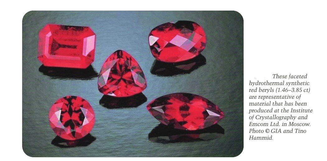 These faceted hydrothermal synthetic red beryls (1.46-3.85 ct) are representative of material that has been produced at the Institute of Crystallography and Emcom Ltd. in Moscow. Photo © GIA and Tino Hammid.